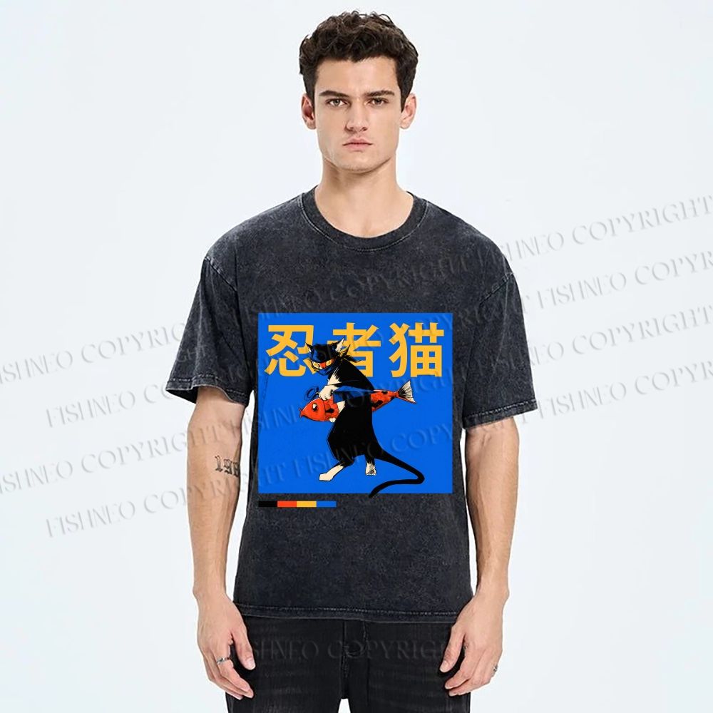 Unisex Ninja Cat Printed Washed Tee