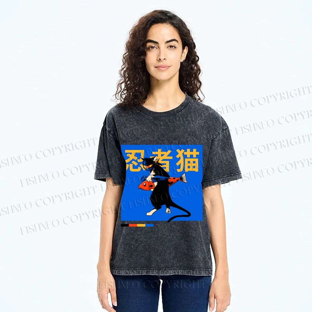 Unisex Ninja Cat Printed Washed Tee