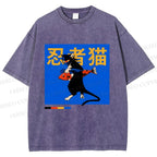 Unisex Ninja Cat Printed Washed Tee