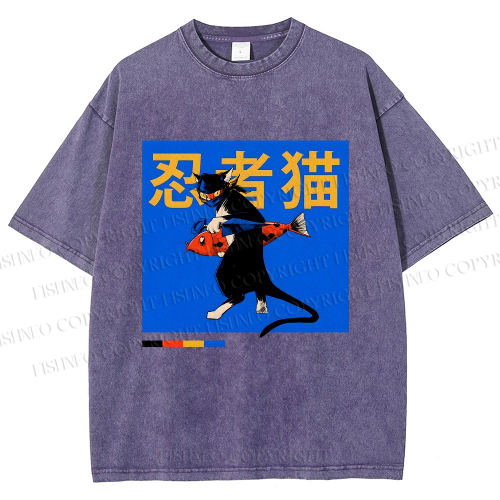 Unisex Ninja Cat Printed Washed Tee