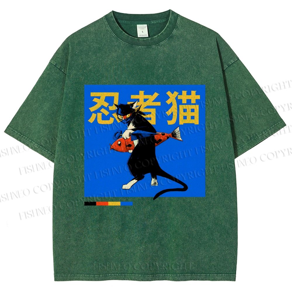 Unisex Ninja Cat Printed Washed Tee