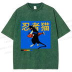 Unisex Ninja Cat Printed Washed Tee