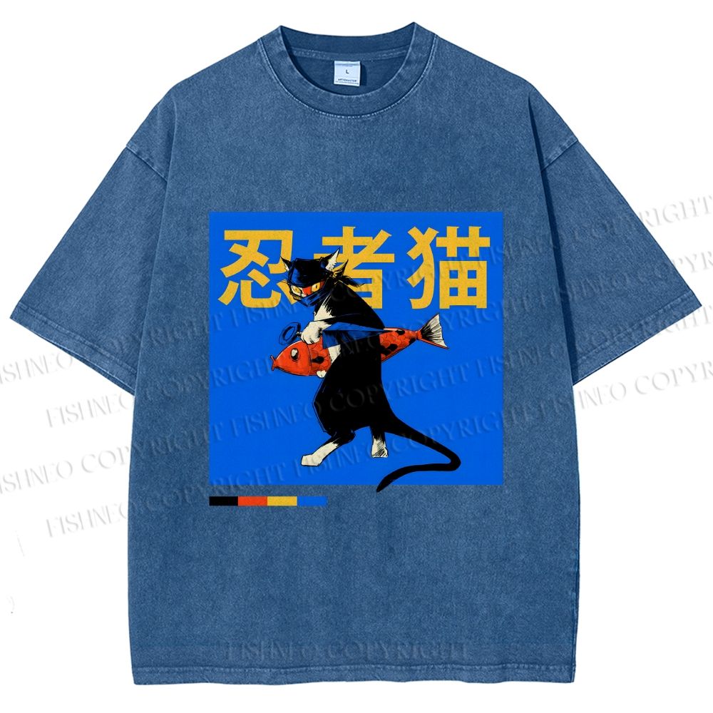 Unisex Ninja Cat Printed Washed Tee
