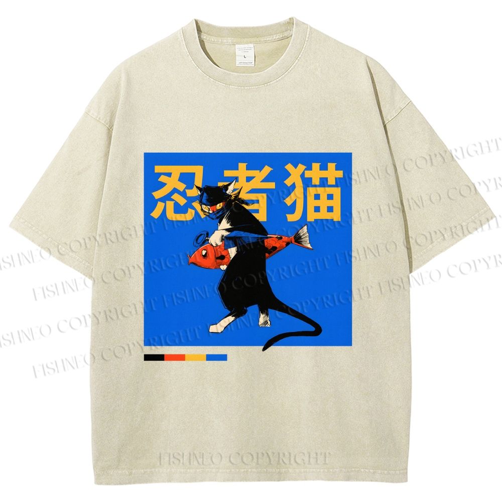 Unisex Ninja Cat Printed Washed Tee