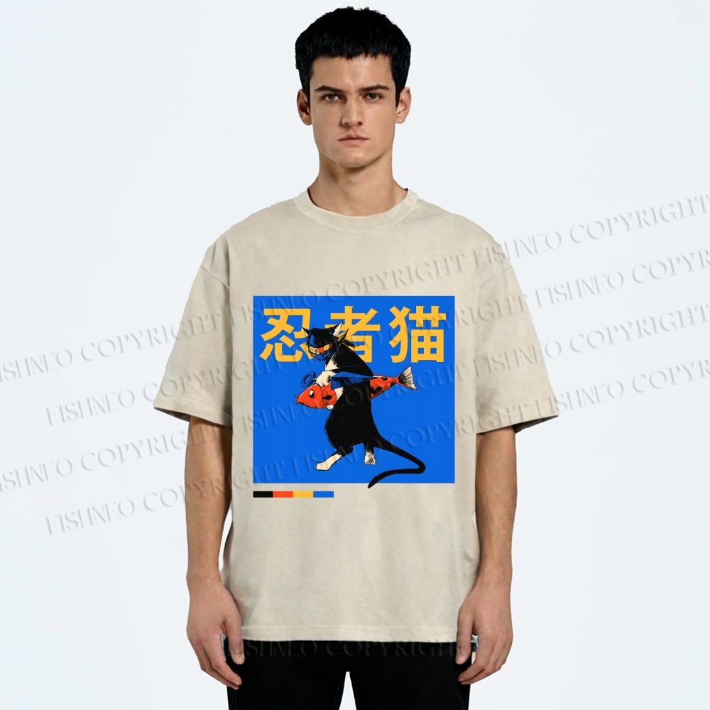 Unisex Ninja Cat Printed Washed Tee