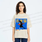 Unisex Ninja Cat Printed Washed Tee