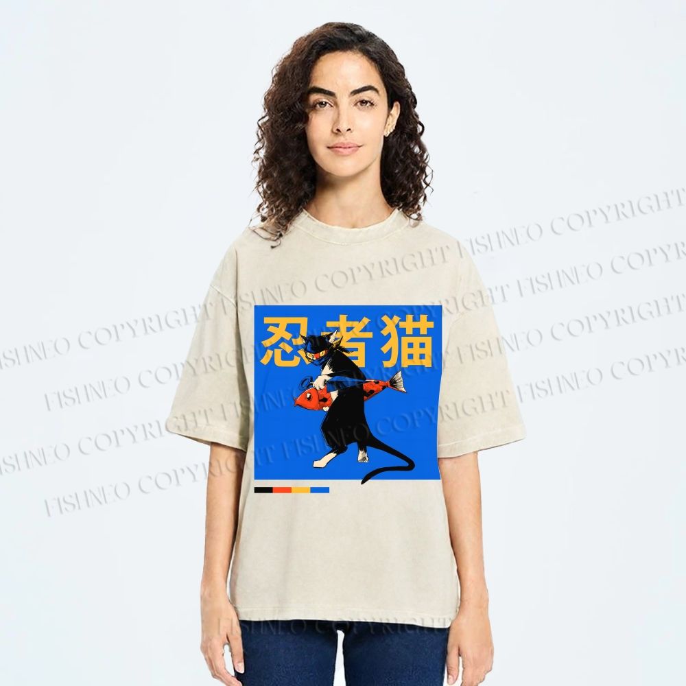 Unisex Ninja Cat Printed Washed Tee