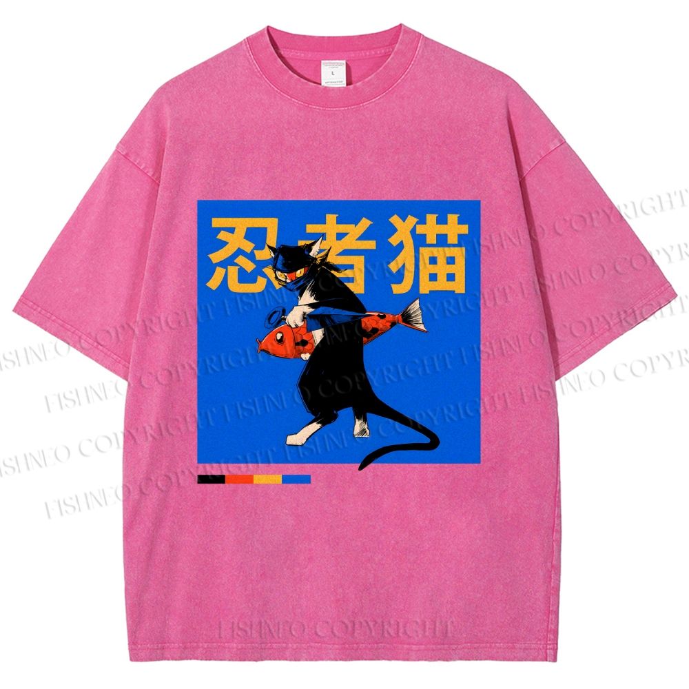 Unisex Ninja Cat Printed Washed Tee