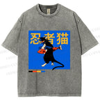 Unisex Ninja Cat Printed Washed Tee