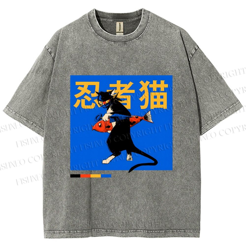 Unisex Ninja Cat Printed Washed Tee