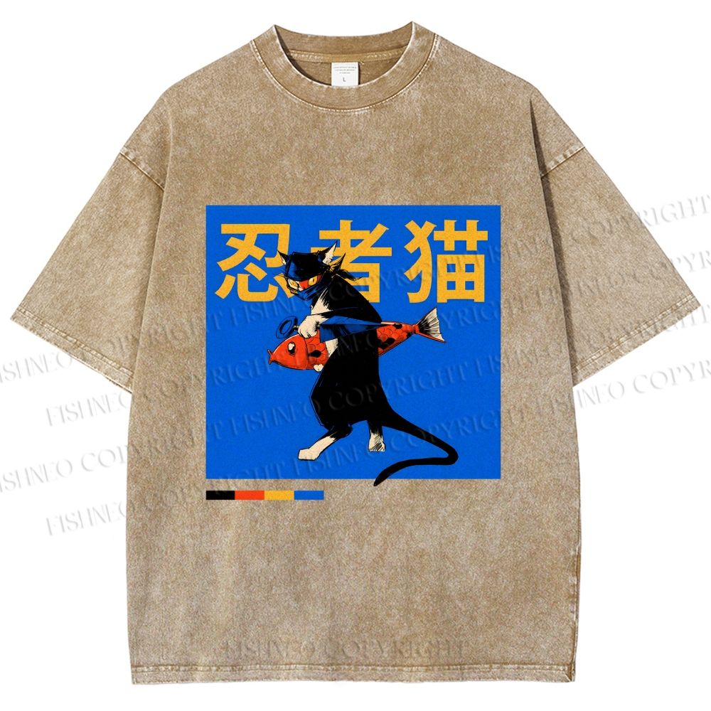 Unisex Ninja Cat Printed Washed Tee