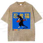Unisex Ninja Cat Printed Washed Tee