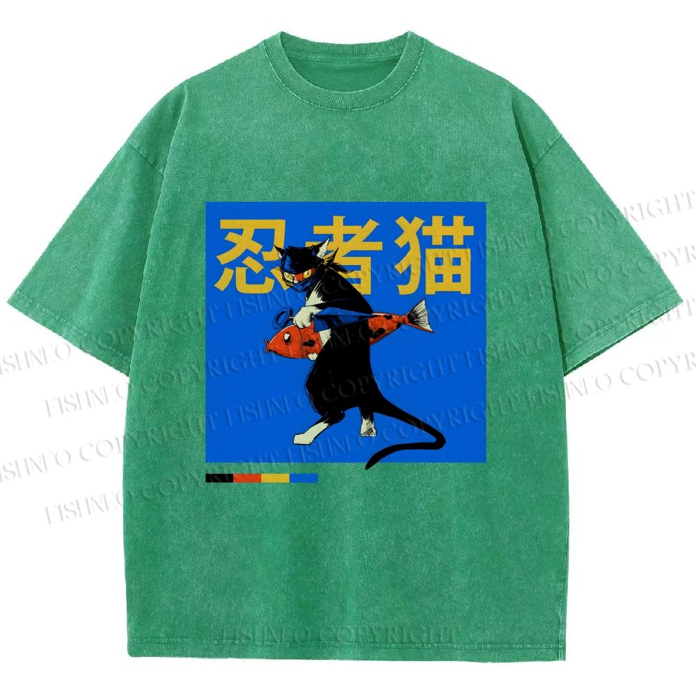 Unisex Ninja Cat Printed Washed Tee