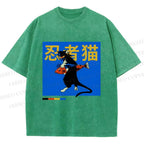Unisex Ninja Cat Printed Washed Tee