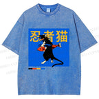 Unisex Ninja Cat Printed Washed Tee