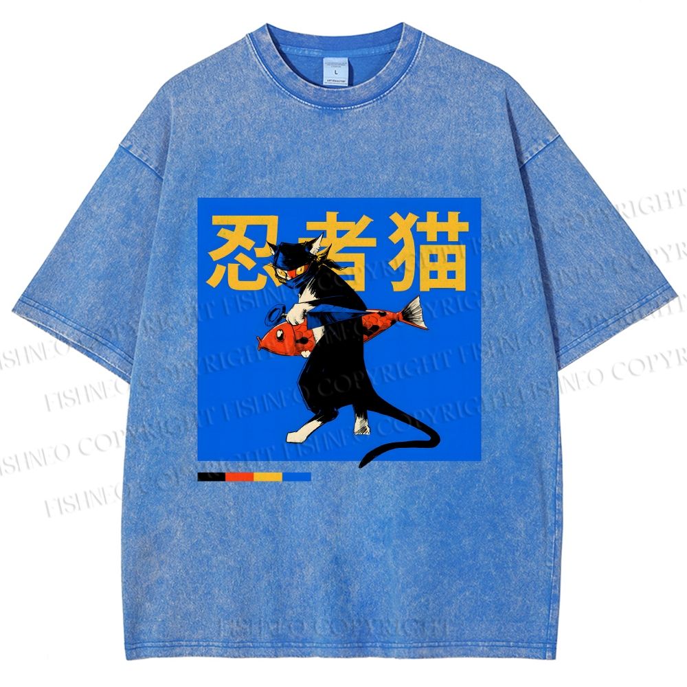 Unisex Ninja Cat Printed Washed Tee