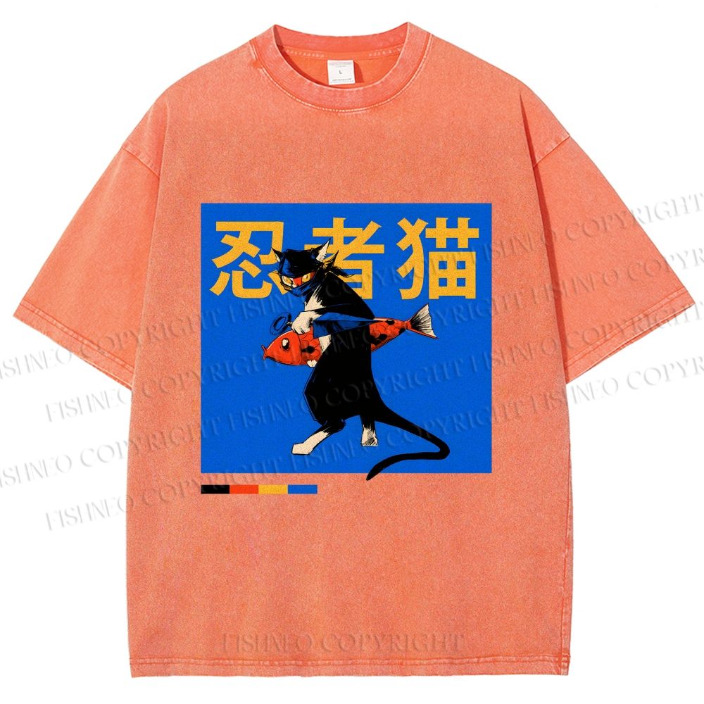 Unisex Ninja Cat Printed Washed Tee