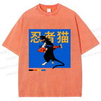 Unisex Ninja Cat Printed Washed Tee