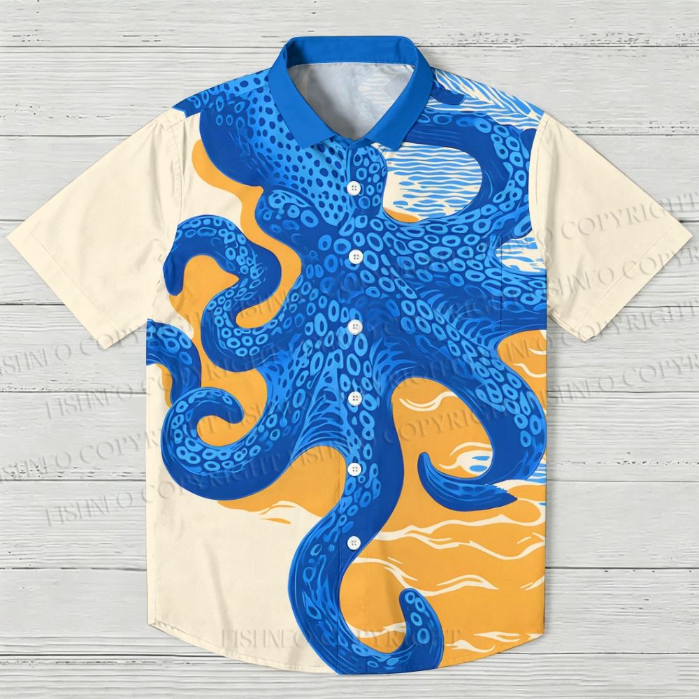 Japanese Ukiyo-e Blue Octopus Hawaiian Shirt