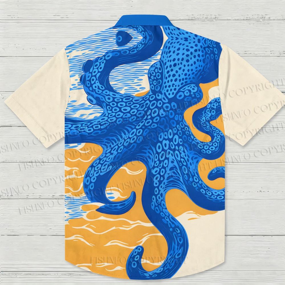 Japanese Ukiyo-e Blue Octopus Hawaiian Shirt