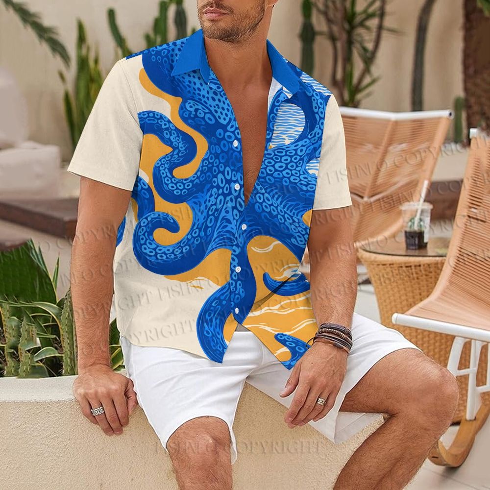Japanese Ukiyo-e Blue Octopus Hawaiian Shirt