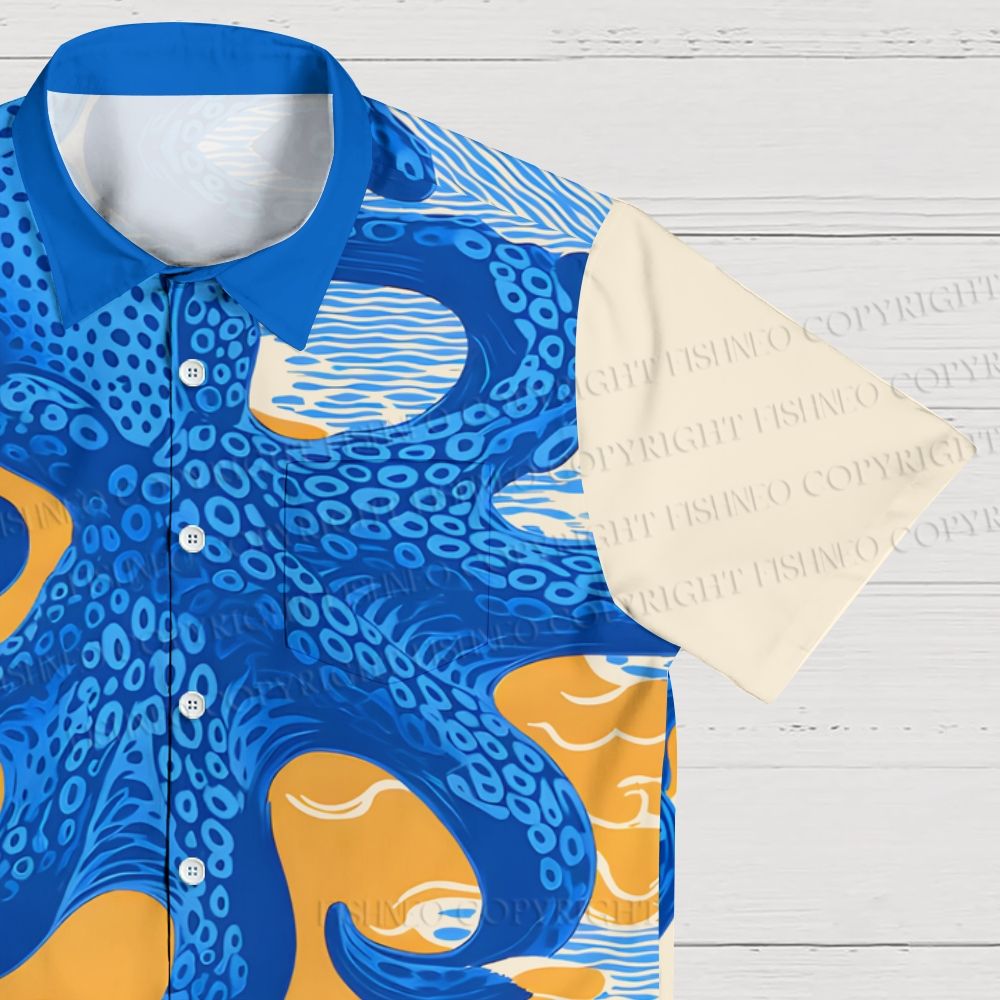Japanese Ukiyo-e Blue Octopus Hawaiian Shirt