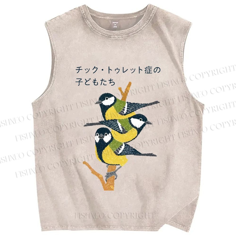 Unisex Vintage Birds Printed Washed Tank Top