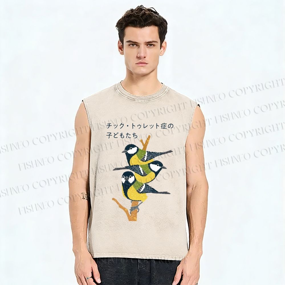 Unisex Vintage Birds Printed Washed Tank Top