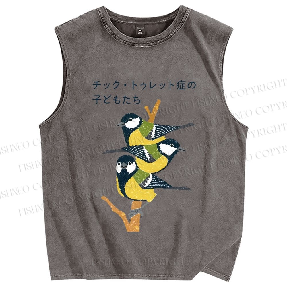 Unisex Vintage Birds Printed Washed Tank Top