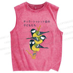 Unisex Vintage Birds Printed Washed Tank Top