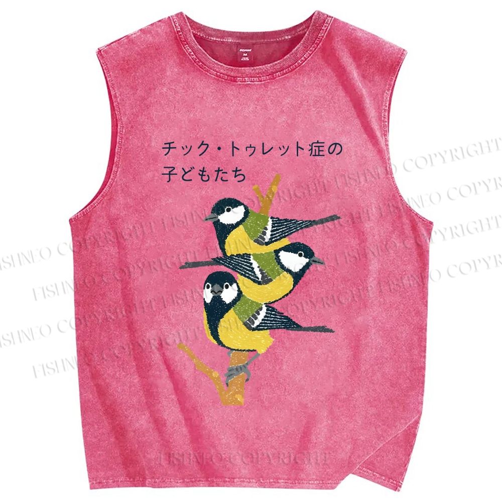 Unisex Vintage Birds Printed Washed Tank Top