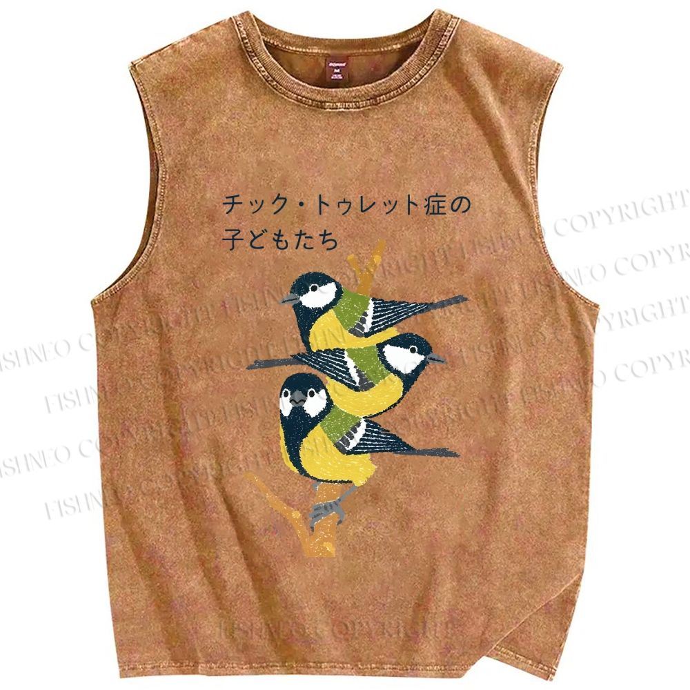 Unisex Vintage Birds Printed Washed Tank Top