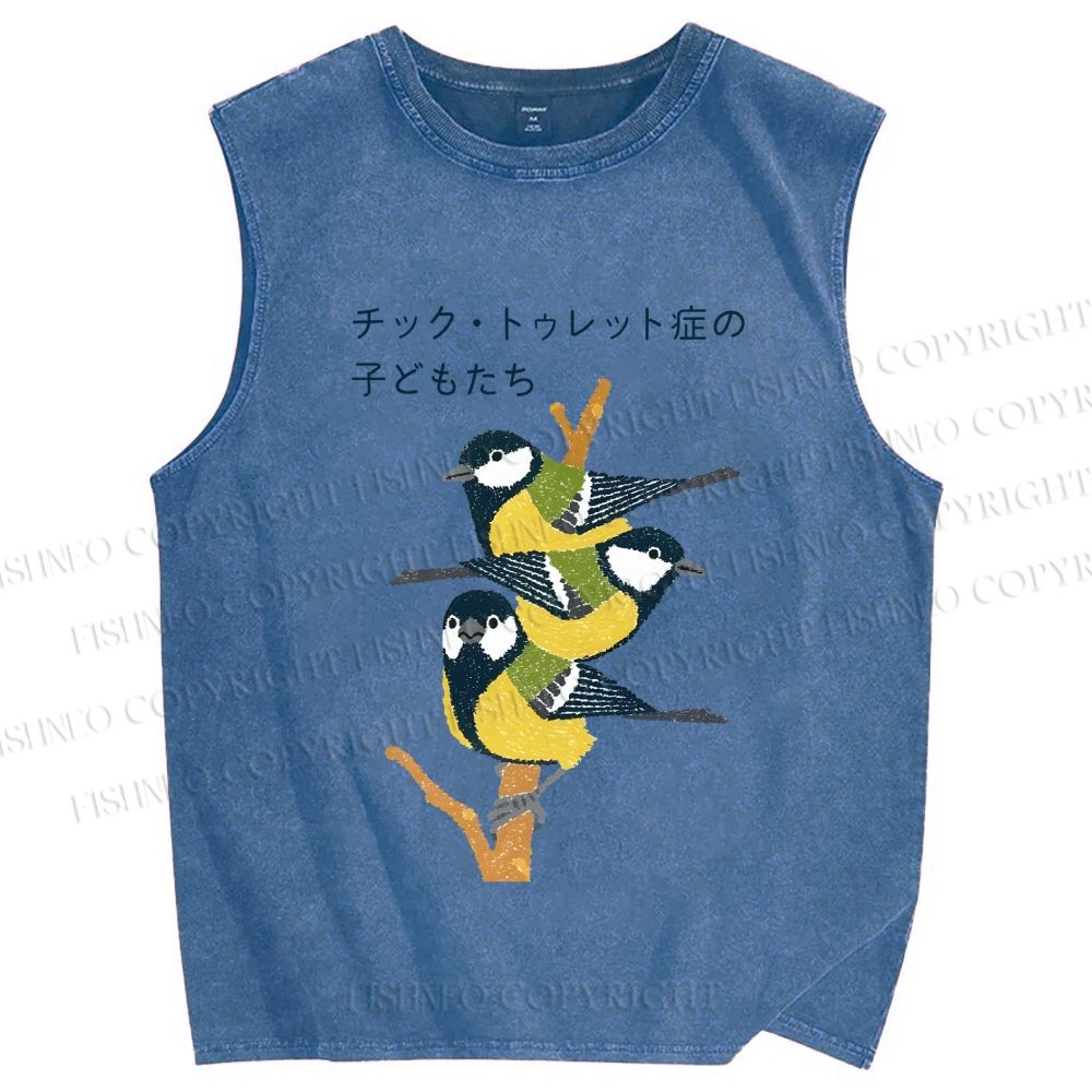 Unisex Vintage Birds Printed Washed Tank Top