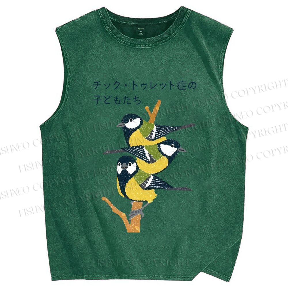 Unisex Vintage Birds Printed Washed Tank Top