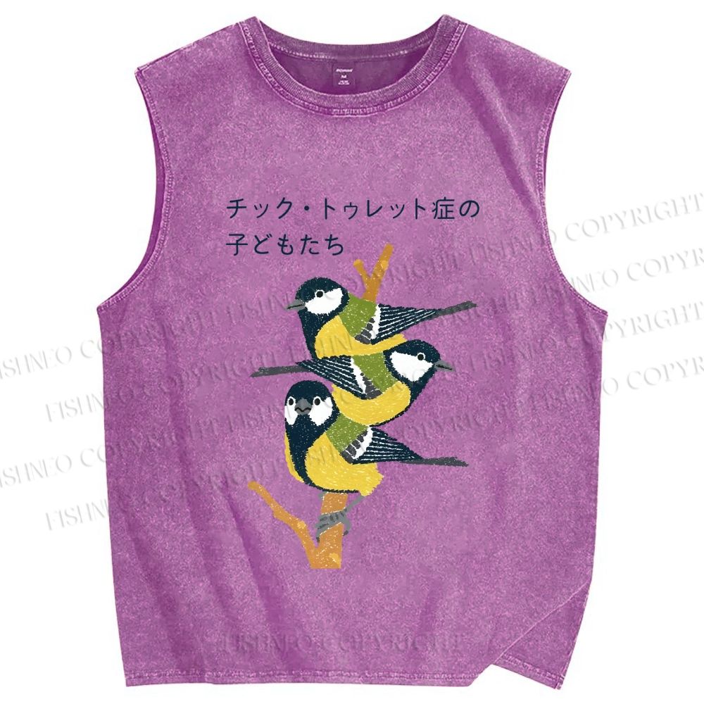 Unisex Vintage Birds Printed Washed Tank Top