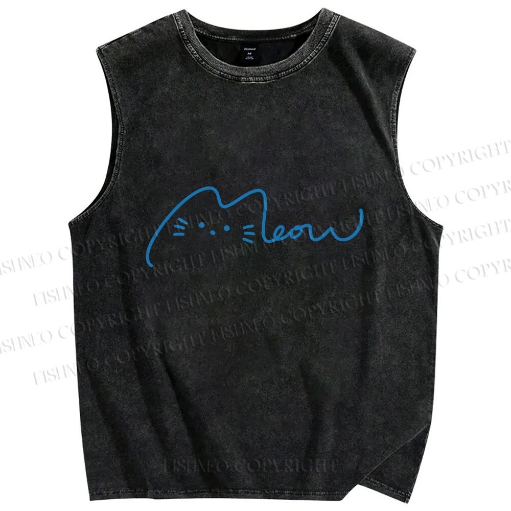 Unisex Meow Cat Sign Printed Washed Tank Top