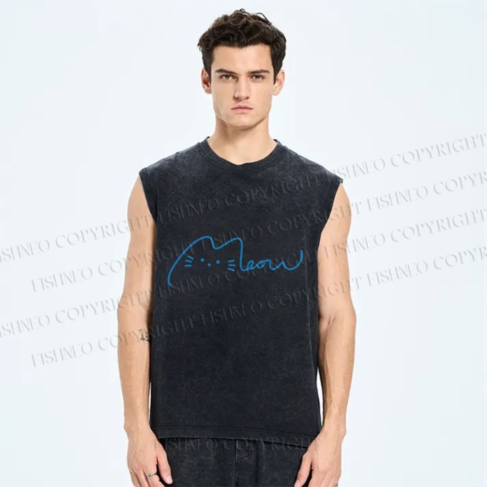 Unisex Meow Cat Sign Printed Washed Tank Top