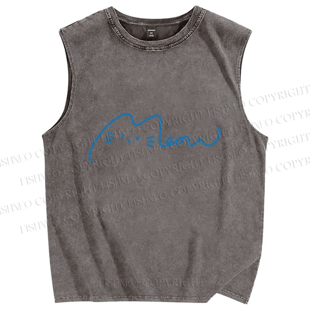 Unisex Meow Cat Sign Printed Washed Tank Top
