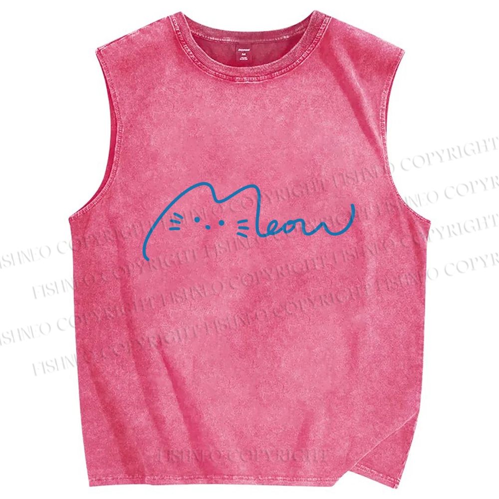 Unisex Meow Cat Sign Printed Washed Tank Top