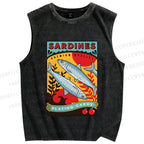 Unisex Sardine Fish Playing Cards Printed Washed Tank Top