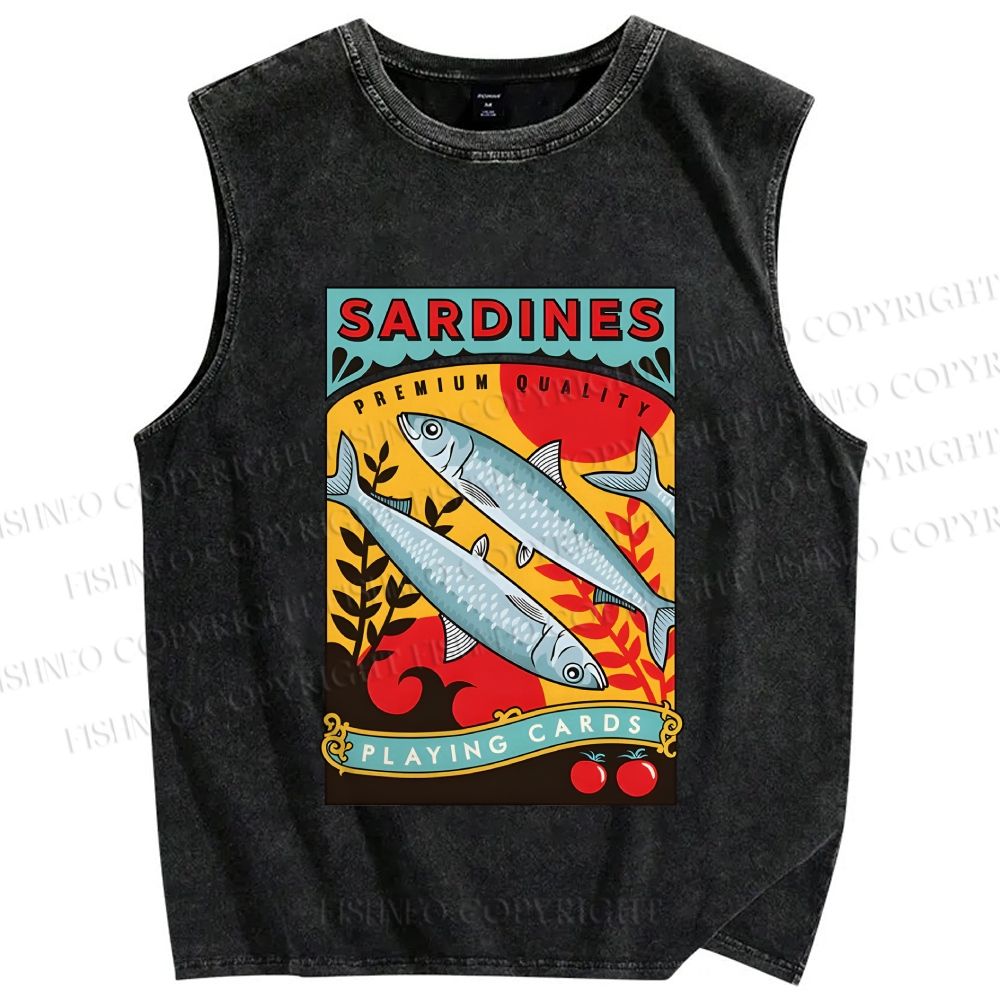 Unisex Sardine Fish Playing Cards Printed Washed Tank Top