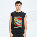 Unisex Sardine Fish Playing Cards Printed Washed Tank Top