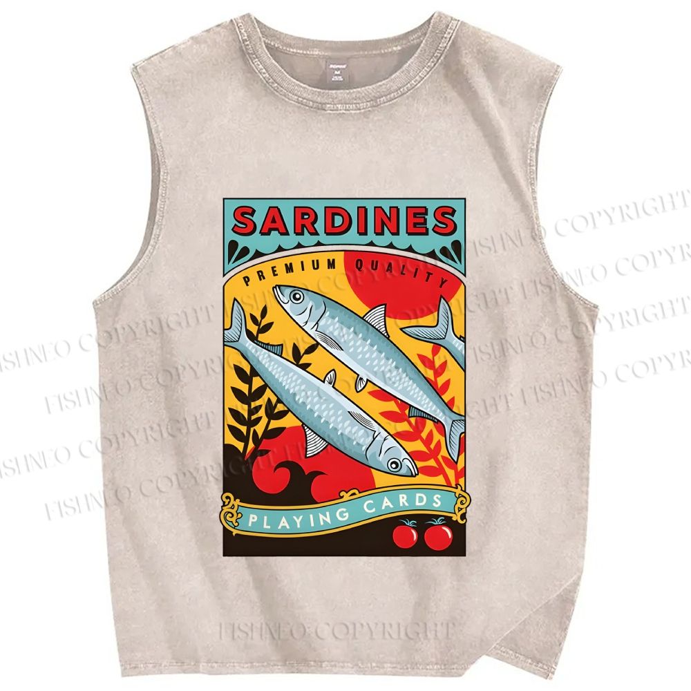 Unisex Sardine Fish Playing Cards Printed Washed Tank Top