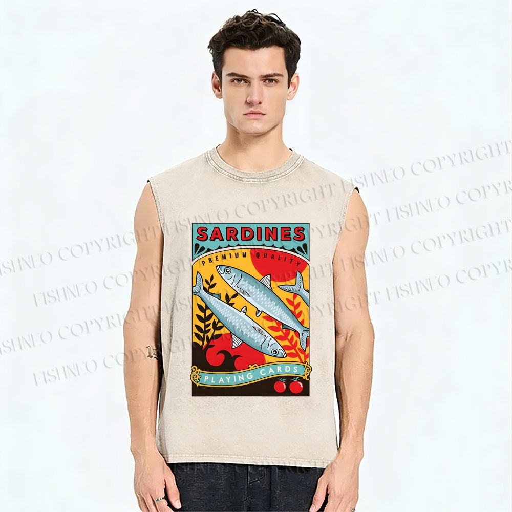 Unisex Sardine Fish Playing Cards Printed Washed Tank Top