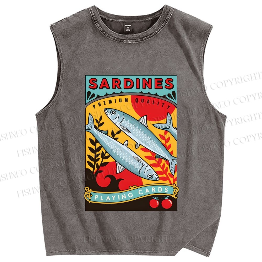 Unisex Sardine Fish Playing Cards Printed Washed Tank Top