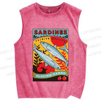 Unisex Sardine Fish Playing Cards Printed Washed Tank Top