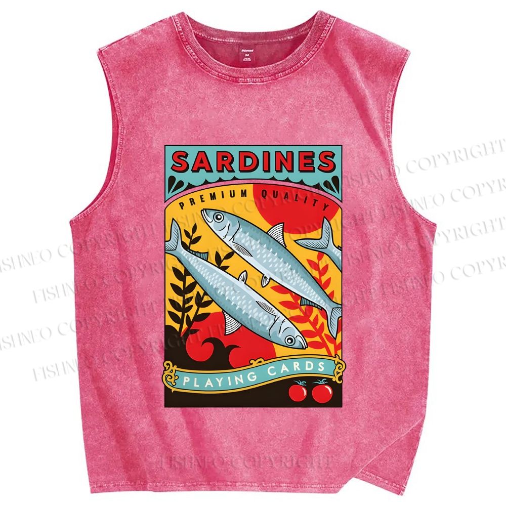 Unisex Sardine Fish Playing Cards Printed Washed Tank Top