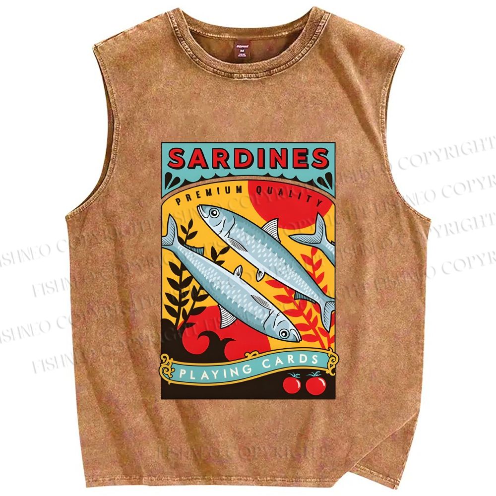 Unisex Sardine Fish Playing Cards Printed Washed Tank Top