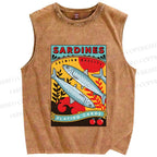 Unisex Sardine Fish Playing Cards Printed Washed Tank Top