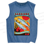 Unisex Sardine Fish Playing Cards Printed Washed Tank Top